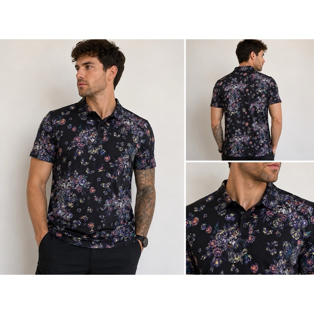Grunt Style Men's XL Golf Polo Floral Skull Butterfly Performance Stretch Shirt